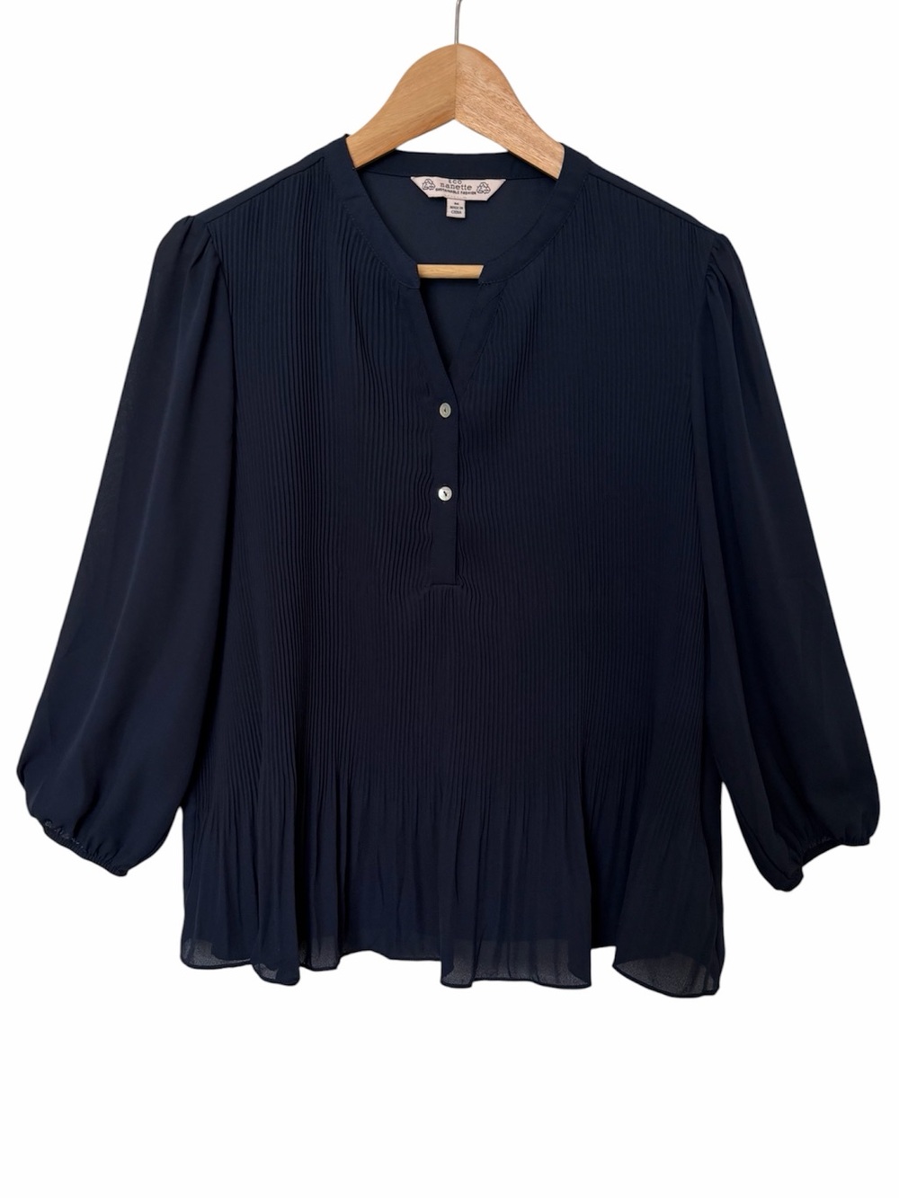 Eco Nanette Top Women M Blue Pleated Split V Neck 3/4 Sleeve Peplum Hem Blouse